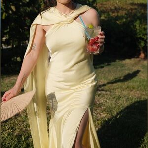 Birdy Grey Asymmetrical Draped Maxi Dress Yellow